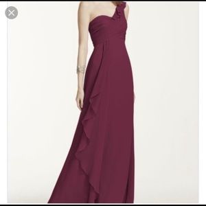 David’s Bridal One shoulder chiffon dress with cascading ruffle